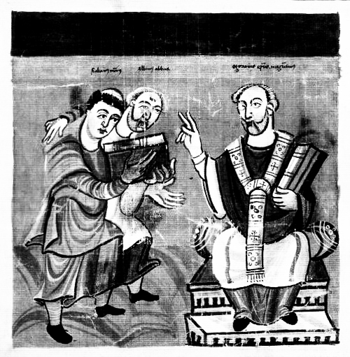 Miniatura del IX secolo che ritrae Alcuino di York (in secondo piano) mentre presenta il suo allievo Mauro Rabano a San Martino
