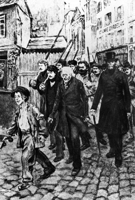 Gavroche alla guida della protesta. Illustrazione da "Les miserables" di Victor Hugo, olio su tela di Pierre Georges (1848-1934).