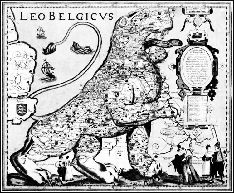Leo Belgicus | Disegno del cartografo Michael Aitzinger realizzato nel 1583, durante la guerra degli ottant’anni (1568-1648) tra le Province Unite dei Paesi Bassi e il dominio spagnolo