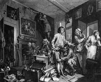William Hogarth, A, Rake's Progress, Plate 1 - The Young Heir Takes Possession of the Miser's Effects