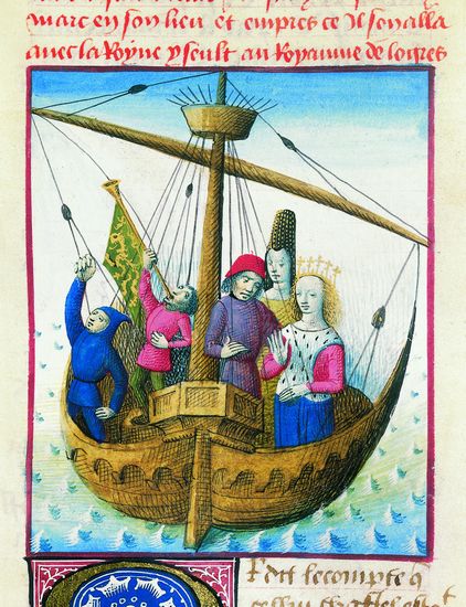 L'embarquement de Tristan et Iseut. Miniatura su pergamena (1480) di Évrard d'Espinques