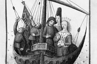 L'embarquement de Tristan et Iseut. Miniature sur vélin (1480) d'Évrard d'Espinques