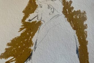 Ritratto di Umberto Saba con pipa e berretto a matita e pastelli ad olio, di Francesca Fulghesu