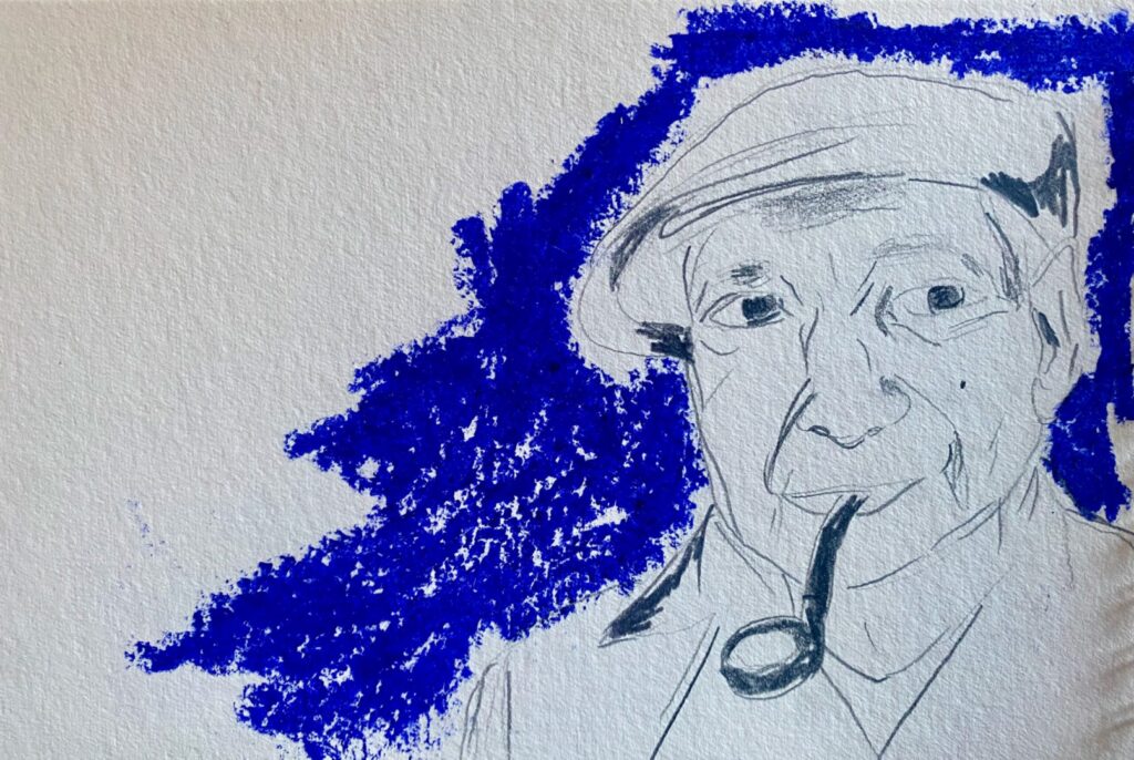 Ritratto di Umberto Saba con pipa e berretto a matita e pastelli ad olio, di Francesca Fulghesu