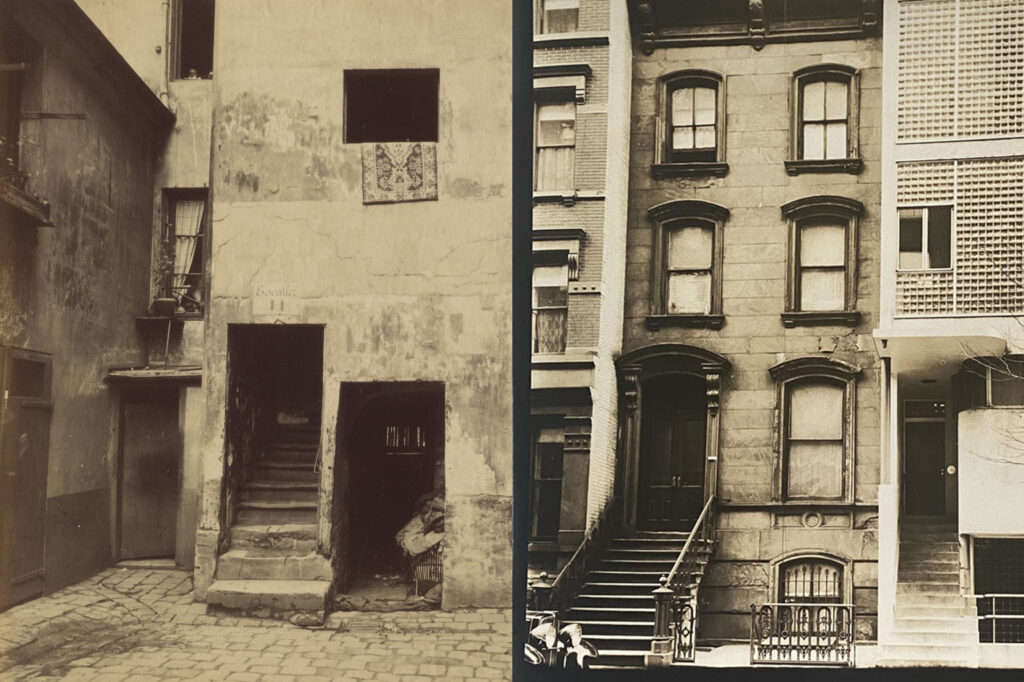 Maestro-allievo: E. Atget, Cortile in Rue Broca 41 Parigi 1912 – B. Abbott, Fronts 211 and 209 East 48th Manhattan 1938