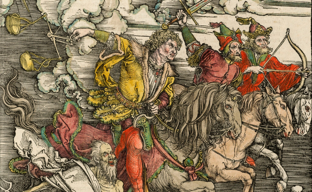 I quattro cavalieri dell'Apocalisse. Xilografia dalla serie Apocalisse di Durer 1498