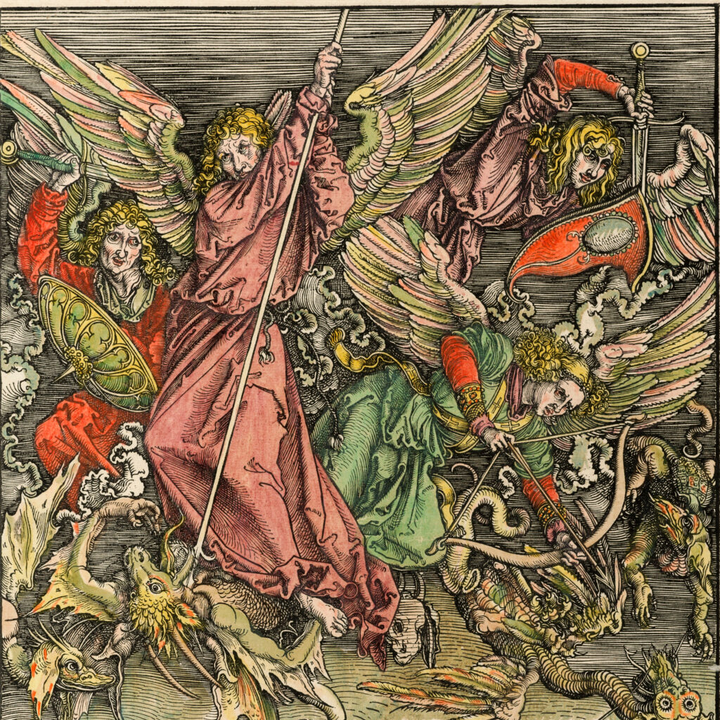 San Michele sconfigge il drago. Xilografia dalla serie Apocalisse di Albrecht Dürer 1498