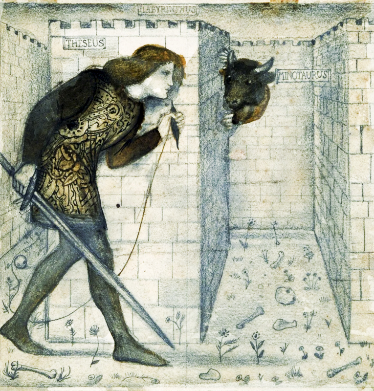 Teseo e il Minotauro nel labirinto. Matita e inchiostro su carta di Edward Burne-Jones 1861